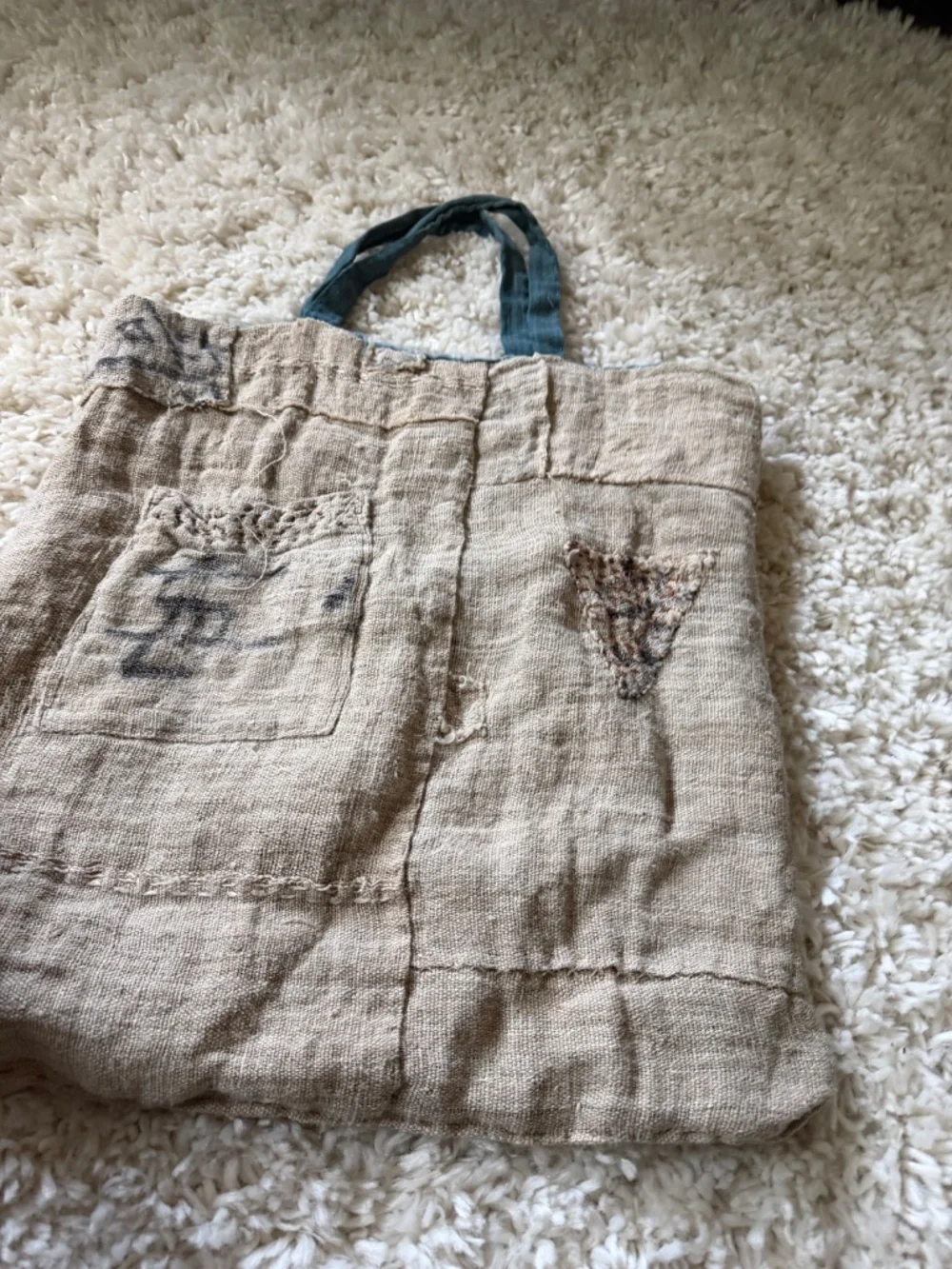 Casual Natural Beige Burlap Tote with Teal Handles trending potato vintage bag b